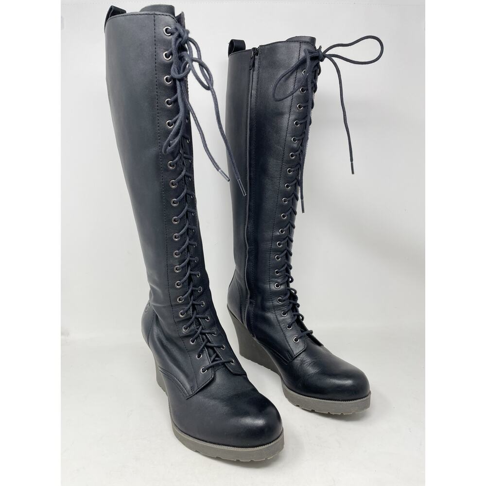Dr Doc Martens Leeanne Tall Lace Up Wedge Heel Boots Black Leather womens 8